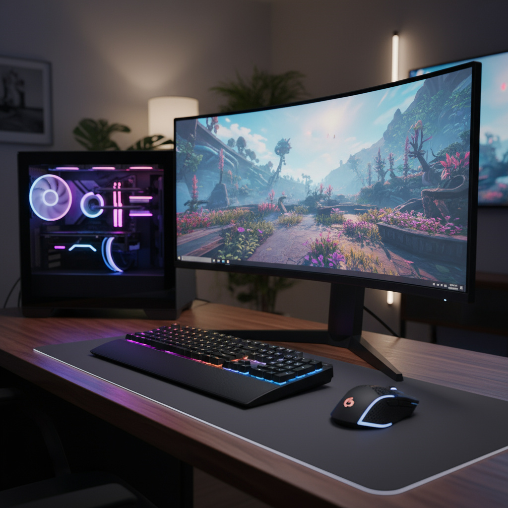 Gaming‑Station mit Monitor, Tastatur & Maus